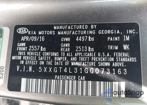 2016 Kia Optima Lx z USA, uszkodzony, nr VIN 5XXGT4L31GG073163